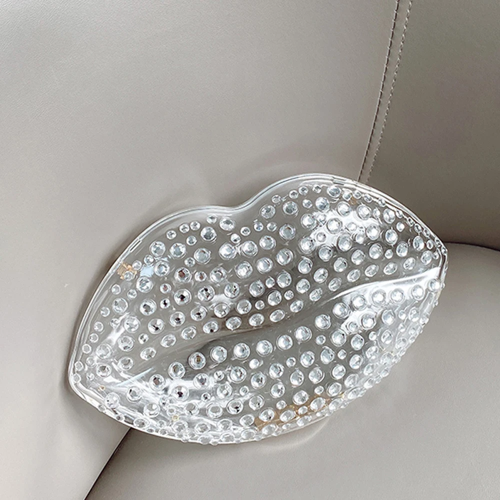 Lip Shape Rhinestones Clutch Bag Clear Acrylic Kiss Purse Luxury Diamond Women Wedding Evening Party Chain Crossbody Handbag