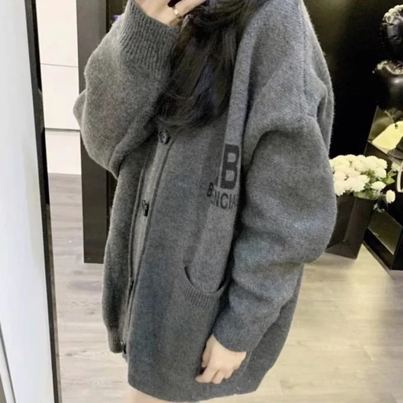 Winter Button Graphic V-neck Knit Tops For Woman Cardigan Long Grey Women\'s Sweater In Promotion Cheap And Korean Style Offers