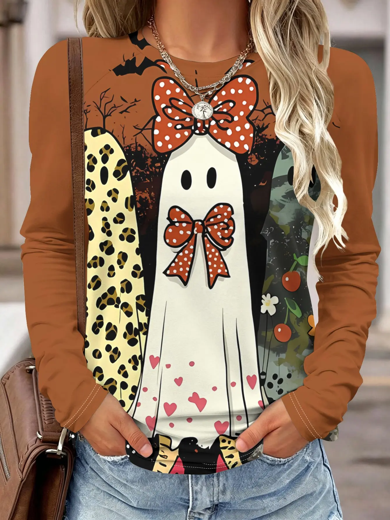 Women Long Sleeve Shirt Halloween Ghost Bow Leopard Print Round Neck Raglan Casual Fall Holiday Tops Women's Clothes