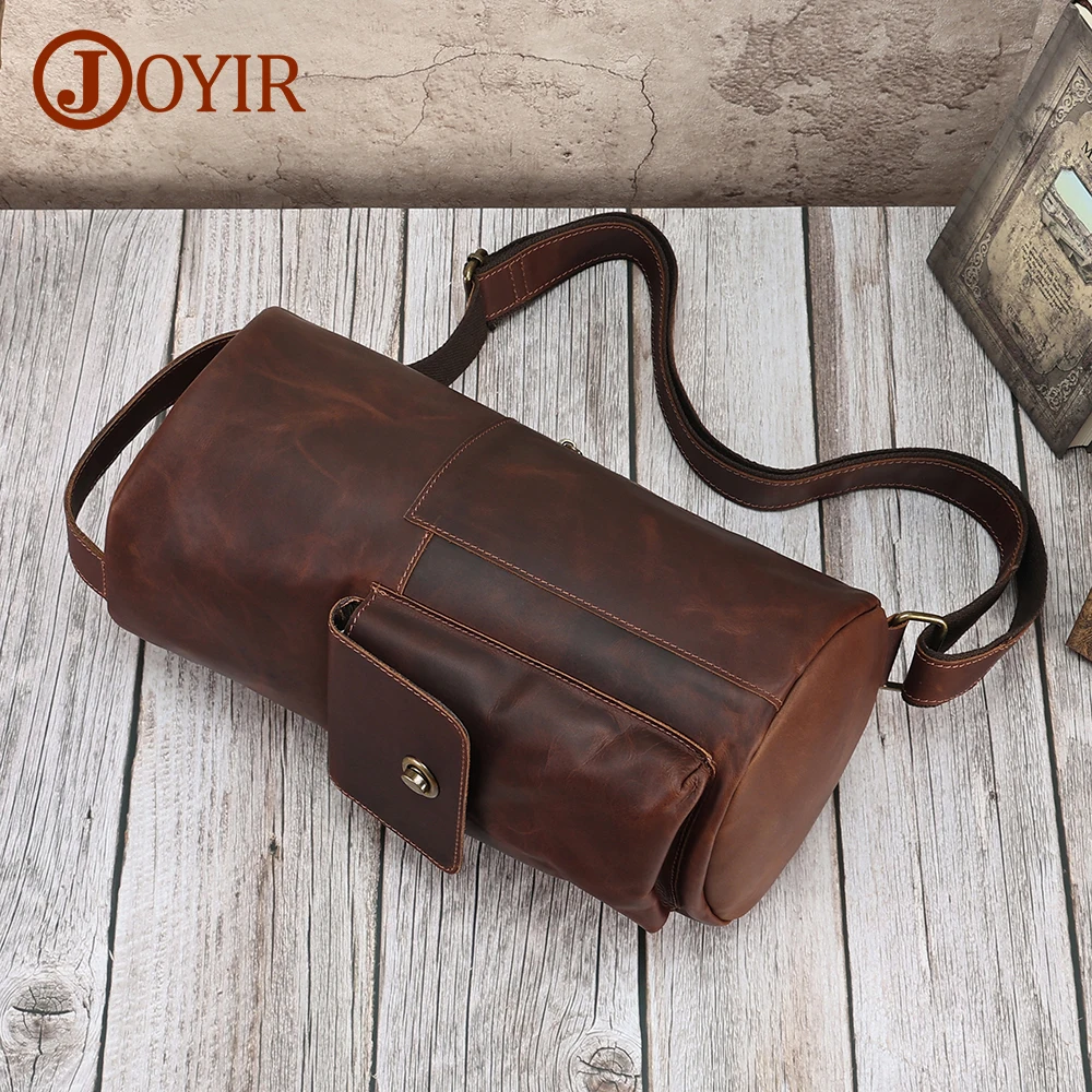 JOYIR Genuine Leather Cylindrical Crossbody Bag Leisure Messenger Shoulder Bags Cowhide Male Travel Hiking Daypack for Men New