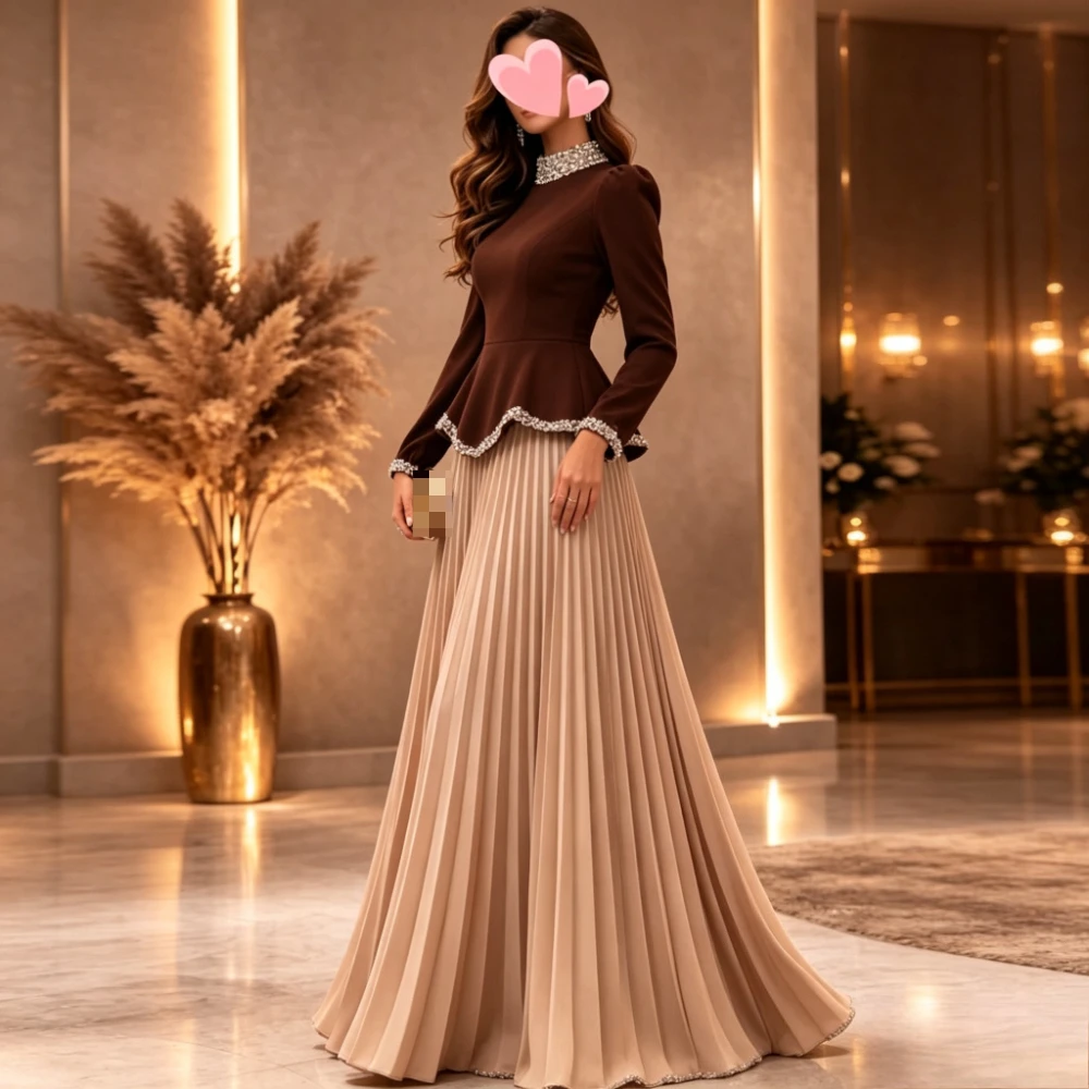 Classic Contrast Color Pleat Chiffon A-line Long Sleeve Floor Length Gowns with Fashion Crystal Hihg Collar Evening Customzied