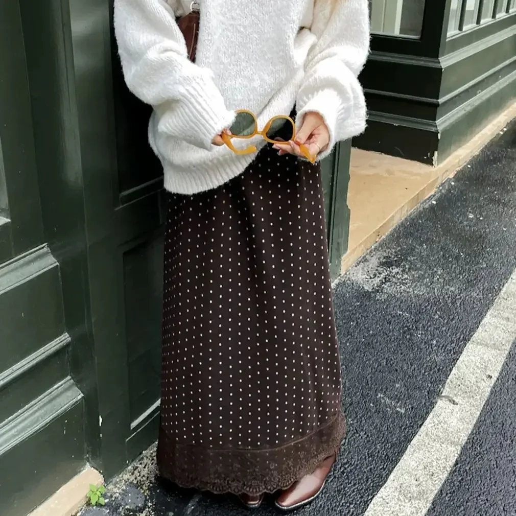 Nueva falda Maxi elegante de otoño para mujer, faldas de fiesta divididas con estampado de lunares, cintura alta, corte en A, encaje, Jupe Vintage