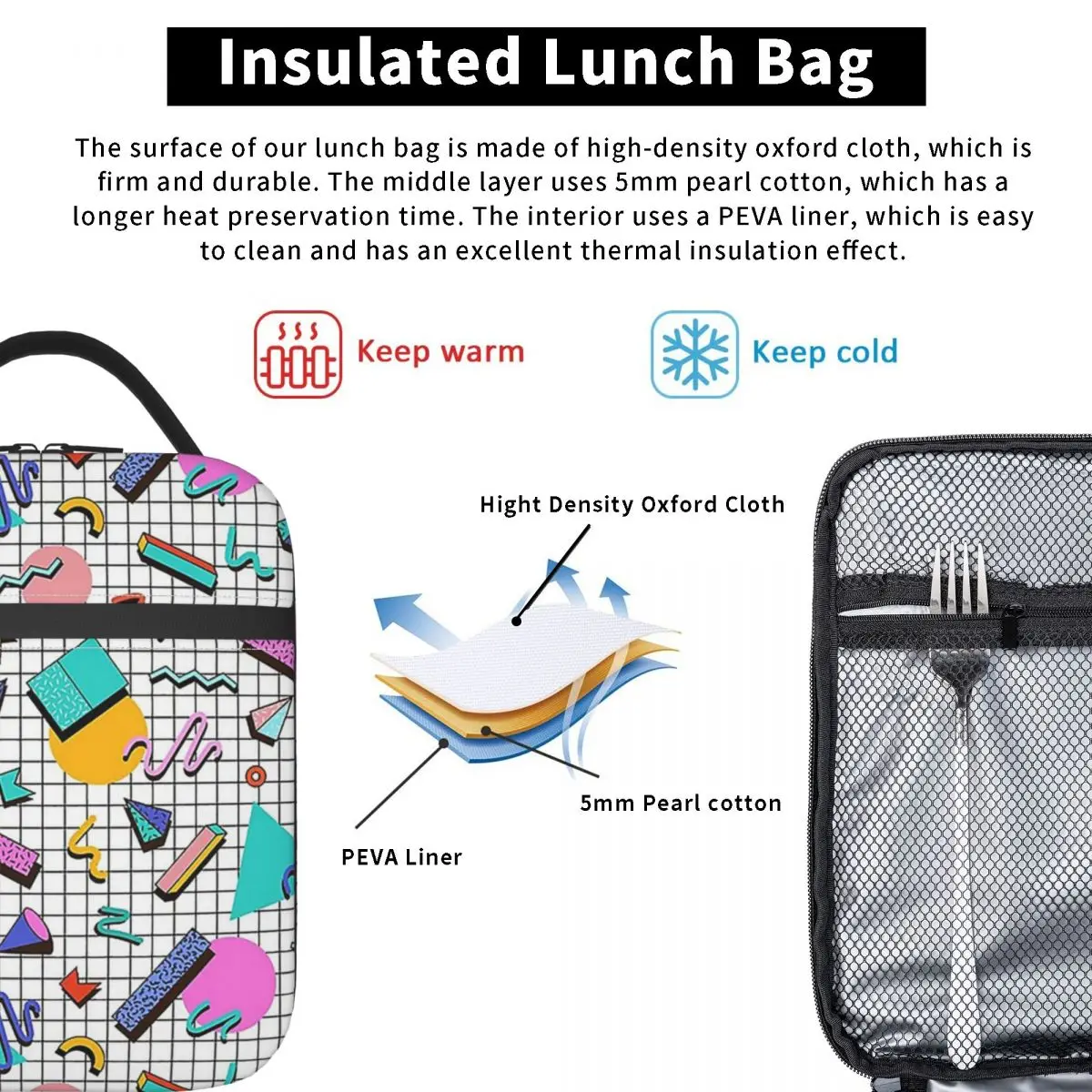 Funky 80s Eighties Memphis Pattern Design Insulated Lunch Bag for Women Kids Portable Food Boxes Thermal Lunch Box Tote