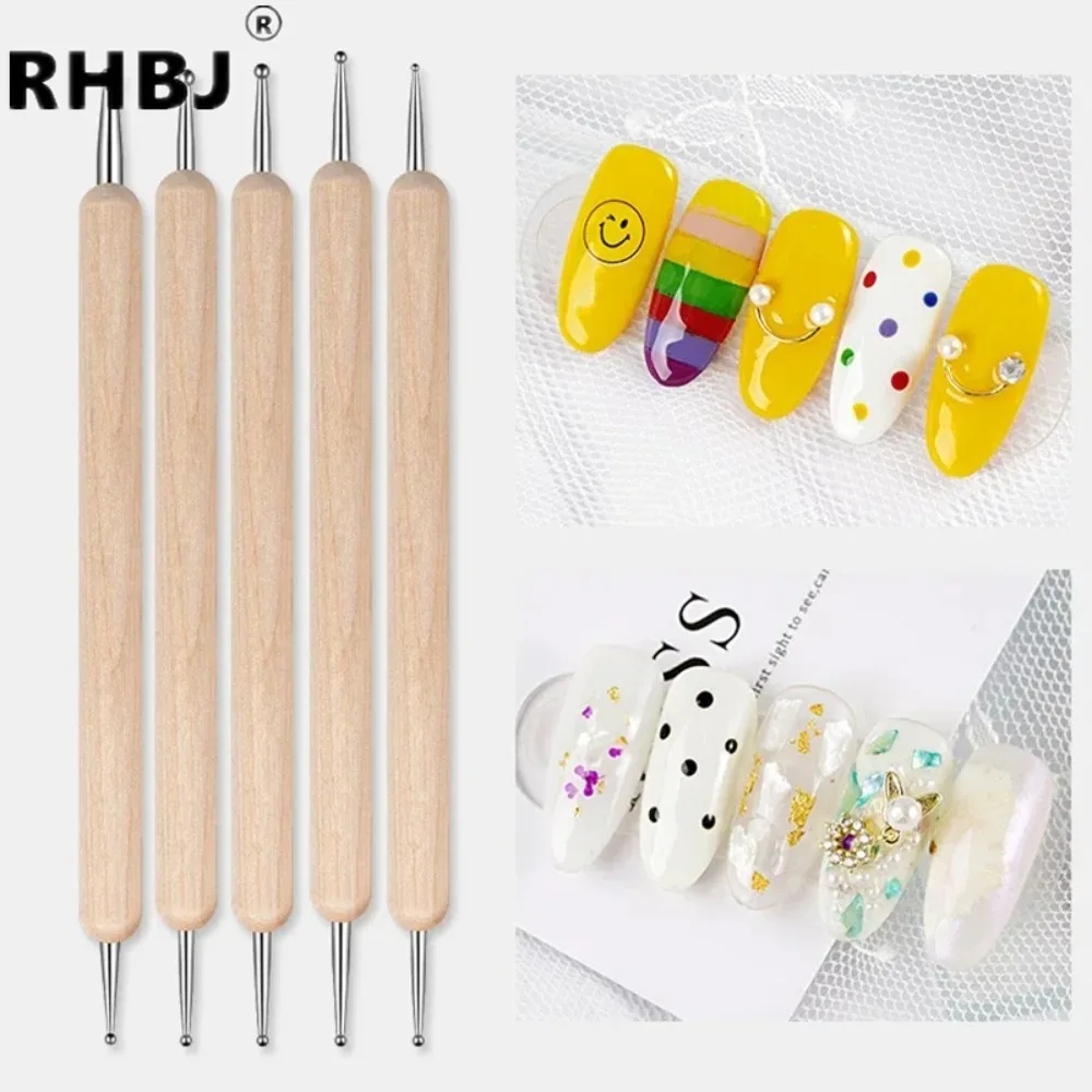 

5/10/20/50PCS Nail Point Drill Pen Wooden Pen Stirring Nail Polish Draw Five Petals Flower Polka Dot Double Head Stainless Pen