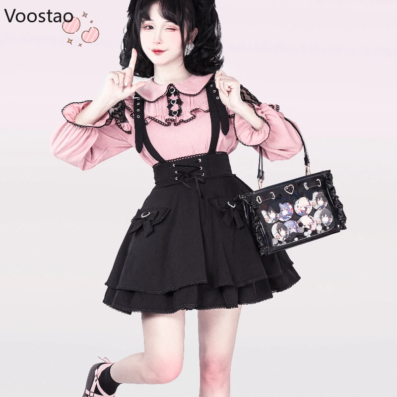 Kawaii Lolita Style Skirt Set Y2k Japanese Women Sweet Lace Ruffles Long Sleeve Blouses Short Suspender Skirt Suit Korean Sets