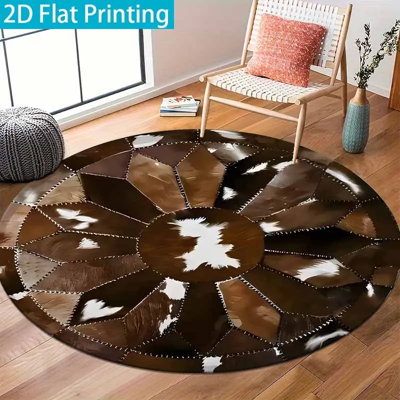 Round Cowhide Patchwork Rug Brown Black  Leather Texture Radial  Print Home  for Western Rustic Style Room Decorative Styling