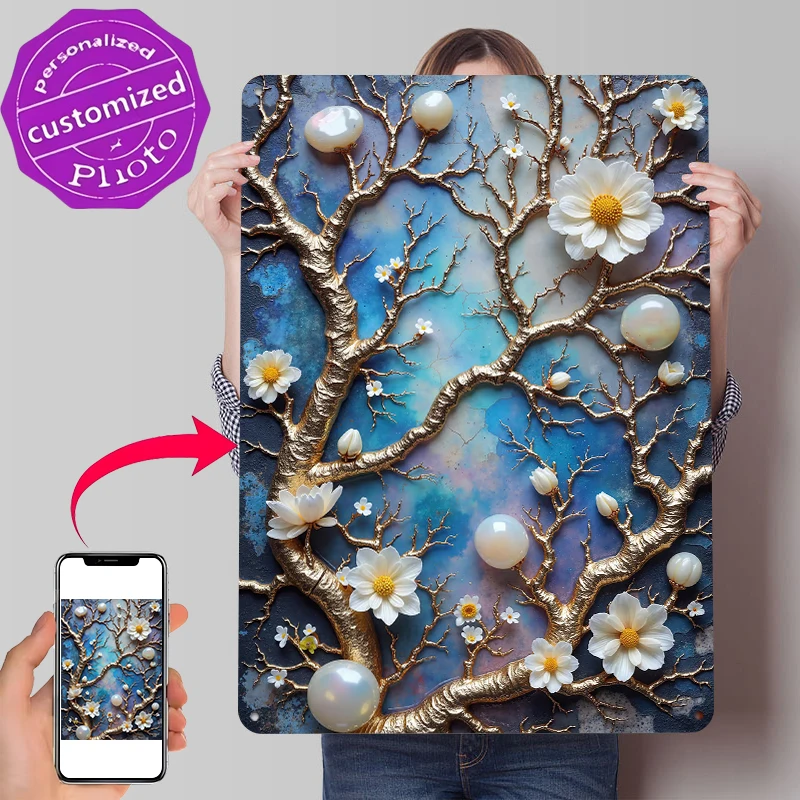 Golden Tree With White Flowers and Pearls Printed Poster Customized Wall Art Retro Vintage Metal Tin Signs for Home Decor Items