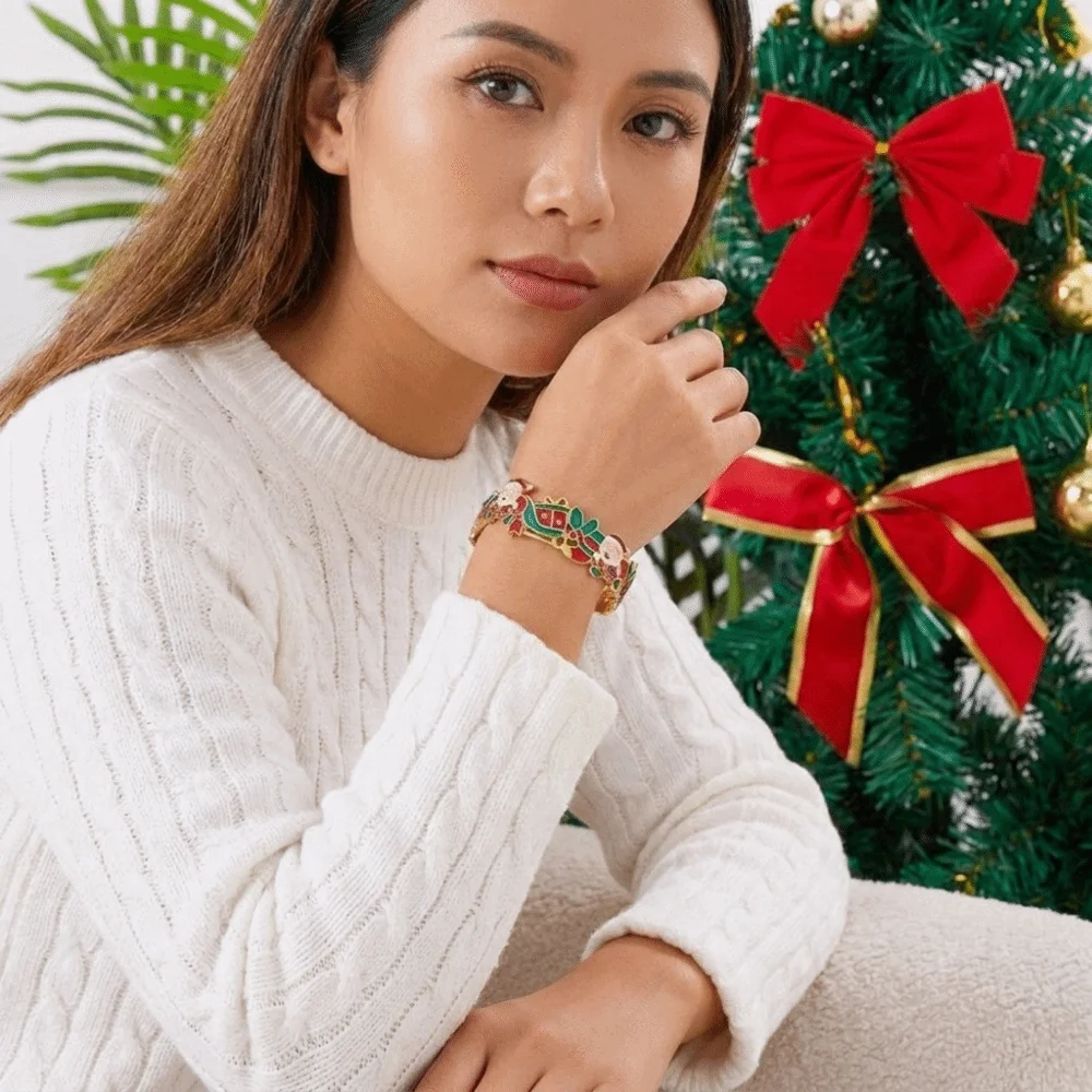 Popular Multicolor Christmas Enamel Bracelet Reindeer Snowflake Stretch Bracelet Santa Glaze Charm Bangle Party