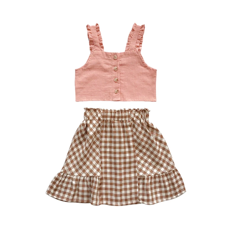 Girls Summer Princess Suits Chic Button Decoration Skin-friendly Breathable Sleeveless Shirt + Skirt Fashion Two-piece Set