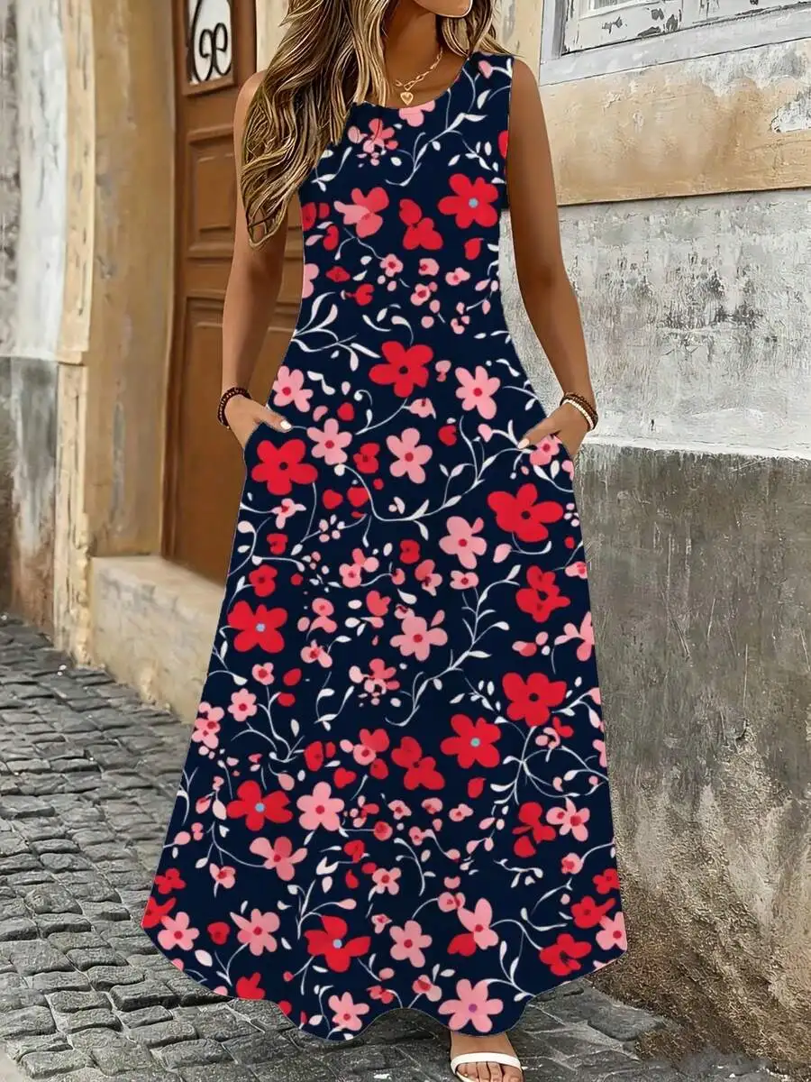 

Floral Maxi Dress Blue Red Pink Print Summer Beach Vacation Outfit Women Fashion