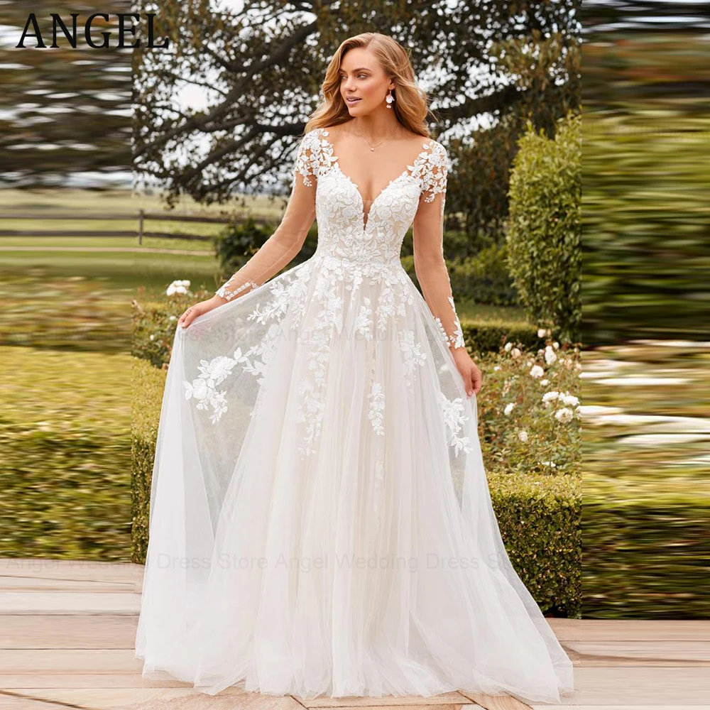 

ANGEL V-Neck Appliques Wedding Dresses Backless Button A-line Bridal Gown robe de mariée bohème Lace Long Sleeves Custom Made