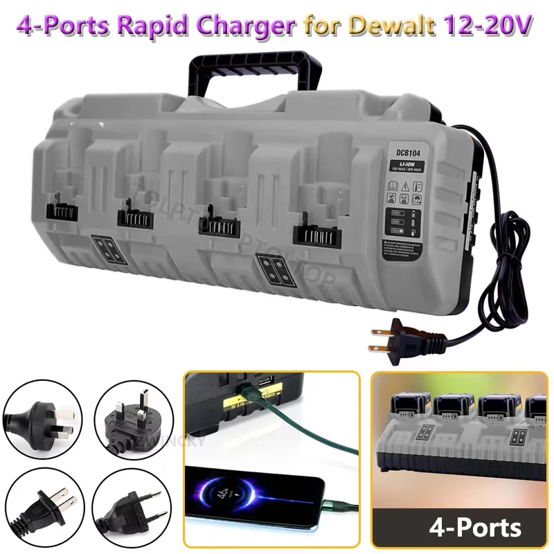 

Portable Rapid Charger Replacement for Dewalt 12-20V Max Lithium Battery DCB104 DCB120 DCB127 DCB200 With 4-Ports 3A Current