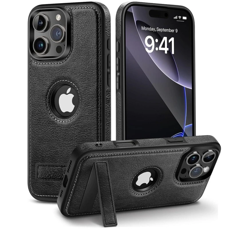 Logo-Loch-Ledertasche mit verstecktem Ständer für iPhone 17 Air 16 15 14 13 Pro Max Plus 17Air 16Pro 17Pro i17 faltbare Halter-Telefonabdeckung