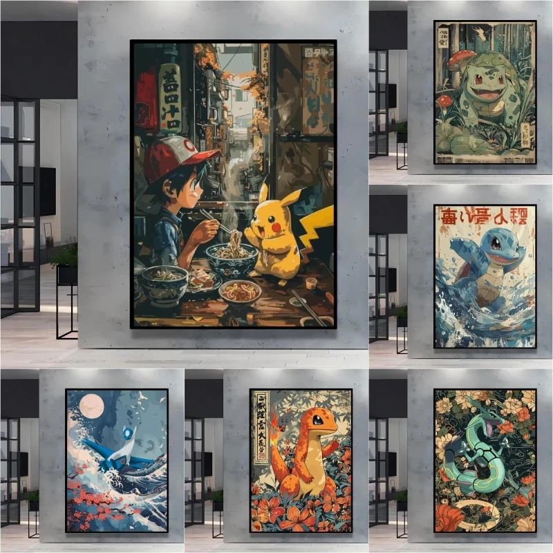 

Classic Anime Pokemon Pikachu Bulbasaur Cartoon Character Images High Quality Canvas Printing Retro Home Living Room Decor