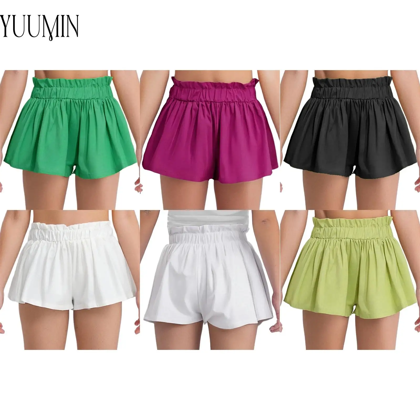 

Стильные милые шорты трапециевидной формы с эластичным поясом для девочек с рюшами для выходных, дня рождения, пикника, отдыха, пляжной вечеринки, повседневная повседневная одежда