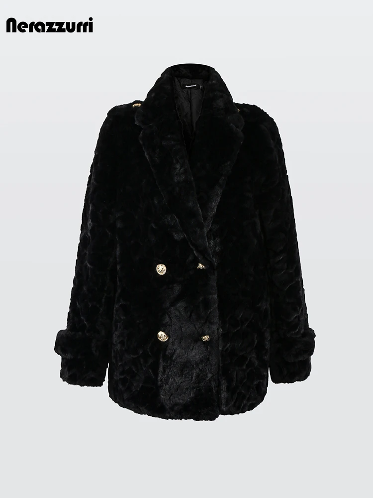 Nerazzurri Autumn Winter Thick Warm Soft Black Faux Fur Blazer Coat Women Gold Buttons Double Breasted Loose Fuzzy Fluffy Jacket
