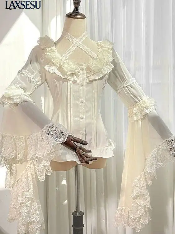 Long Sleeve Tops Women Japanese Summer Autumn Lolita Shirts Sweet Cute Girl's Shirt with Lace Solid Color Elegant Blouse Femme
