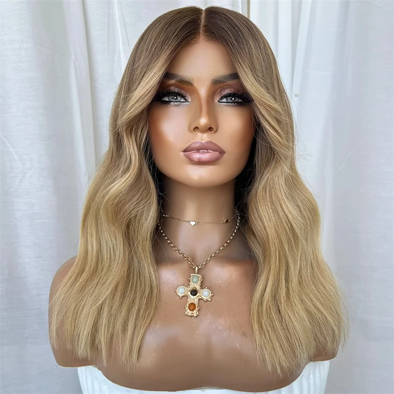 

Пепельно-коричневые корни Новые в 13x4 свободной части Ombre Золотисто-русый синтетический HD парик фронта шнурка смесь человеческих волос 14-дюймовый короткий волнистый боб