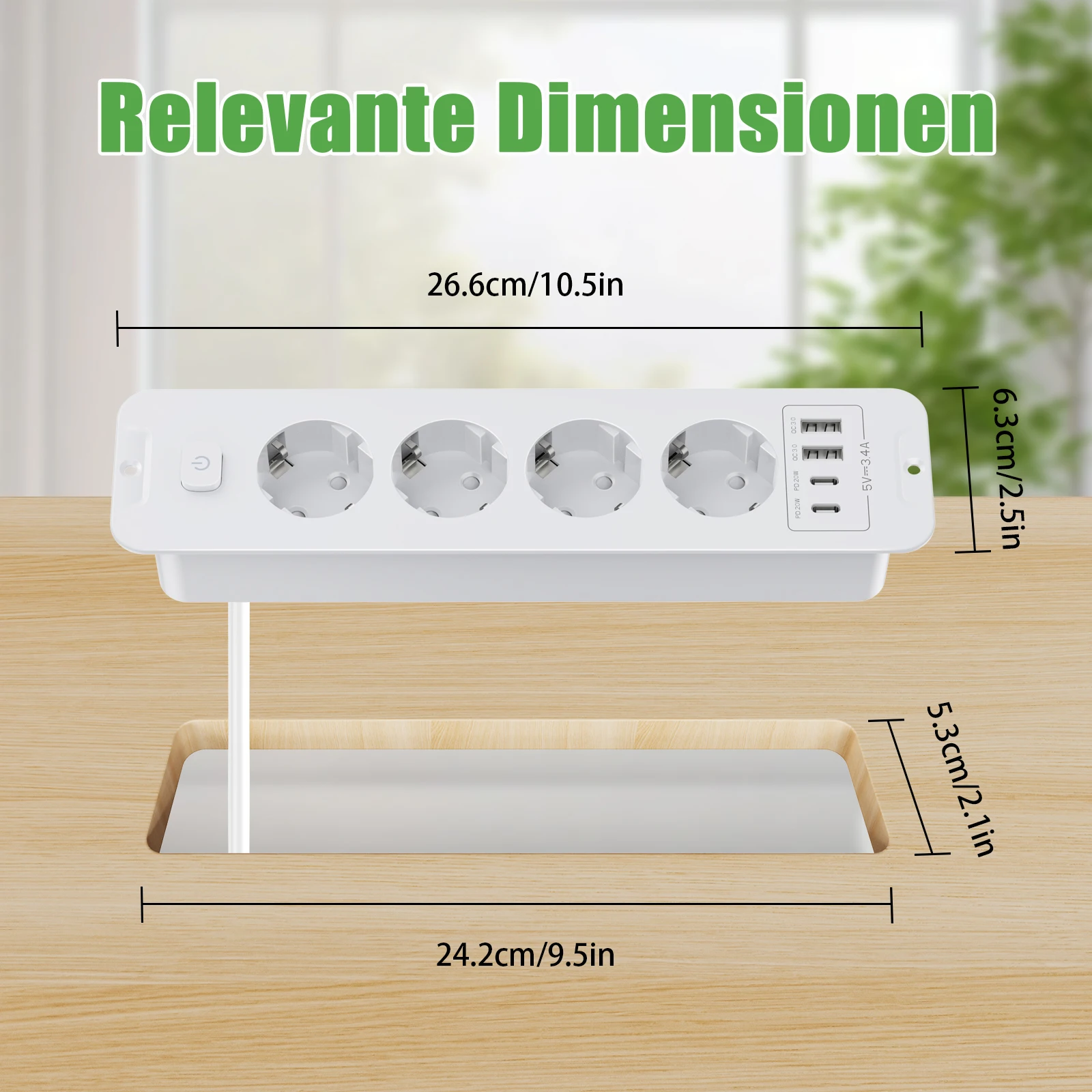 EU plug desktop built-in power strip socket with 4 AC power sockets 2 USB and 2 Type-C, master control switch 2m extension cable