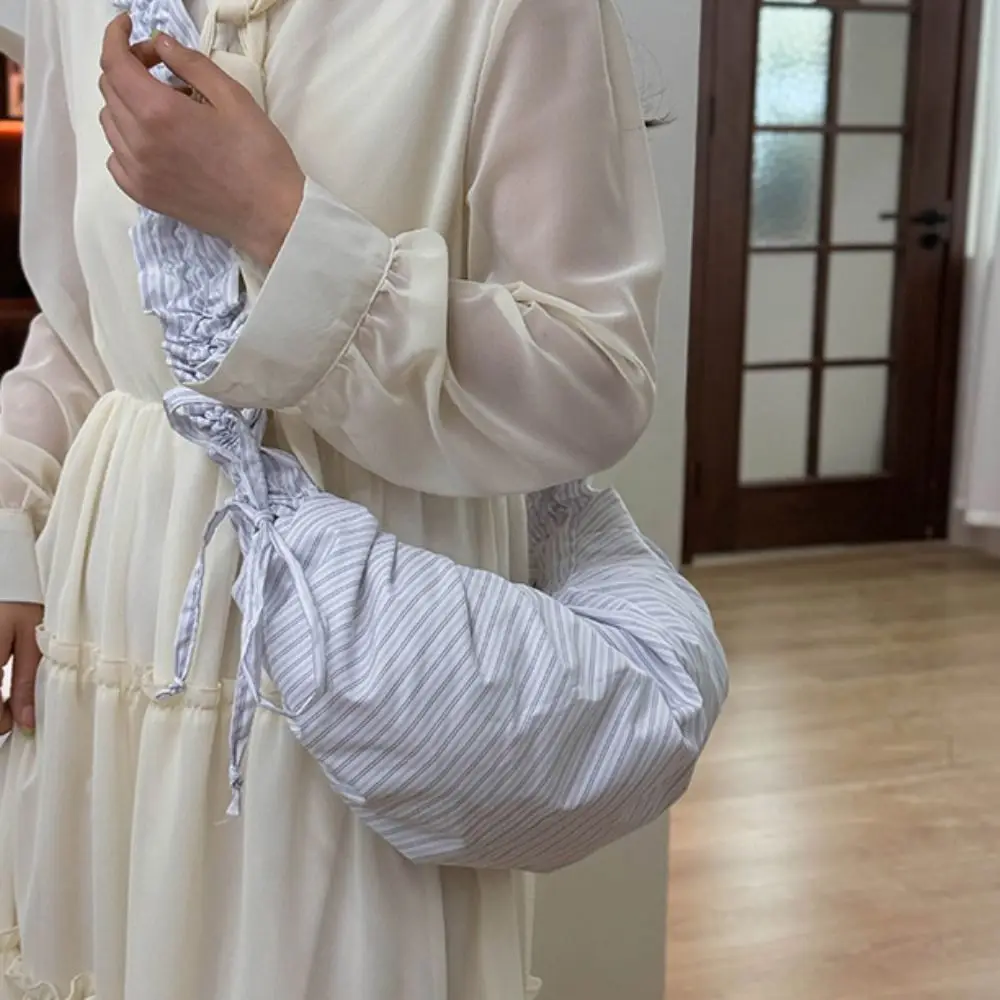 

Korean Style Drawstring Shoulder Bag Dumpling Bag Lightweight Stripe Pleated Bag Ballet Style Large Capacity Lace Crossbody Bag