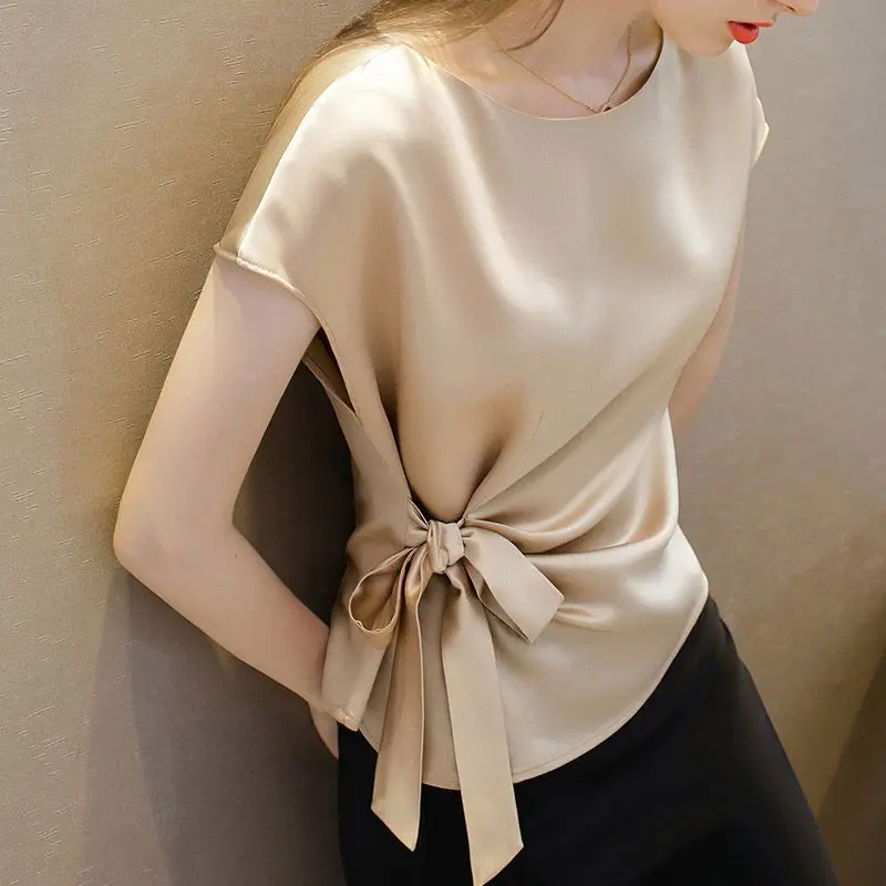

Tie Bowknot Design Sense Shirt2025Hot-Selling Summer Fashion Waist-Cinching Slimming Short Sleeve ToptShirt Top
