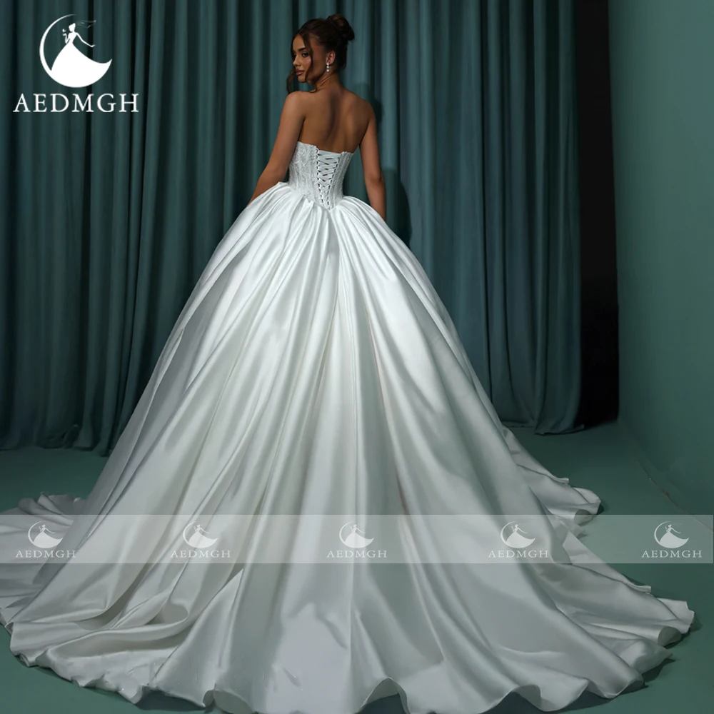 Aedmgh A-Line Classic Wedding Dresses For Women Strapless Matte Satin Vestido De Novia Lace Glitter Custom Made Bridal Gowns