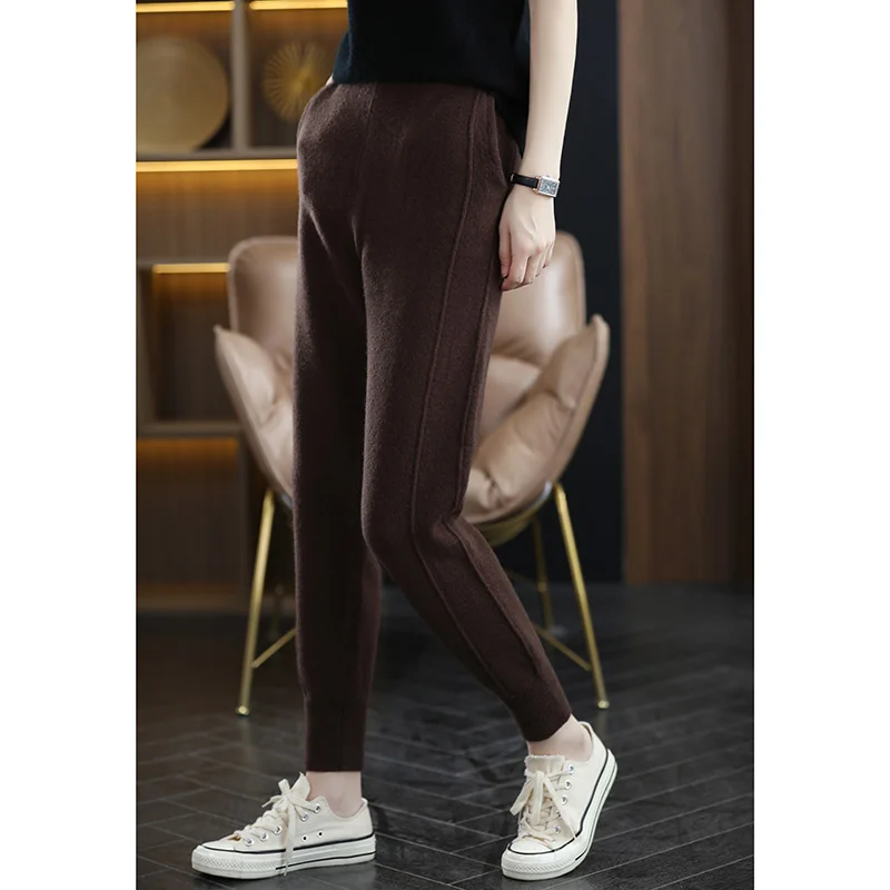 Fashion 100% Merino Wool Solid Color High-Waisted Knit Pants Trousers Cashmere  Soft Simple Basic Casual  Tapered-Leg Joggers