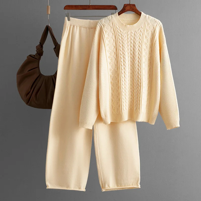 Muslim Women 2 Piece Sets Pullover Sweater Wide Leg Pants Ensemble Casual Knitwear Outfits Autumn Winter Knitting Suit 2025