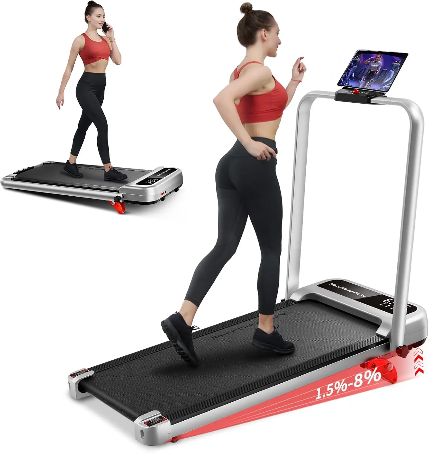 Incline Foldable Treadmill, Walking Pad with Handle Bar 3 Level Incline, 300 Lbs Portable Treadmill for Home Office,