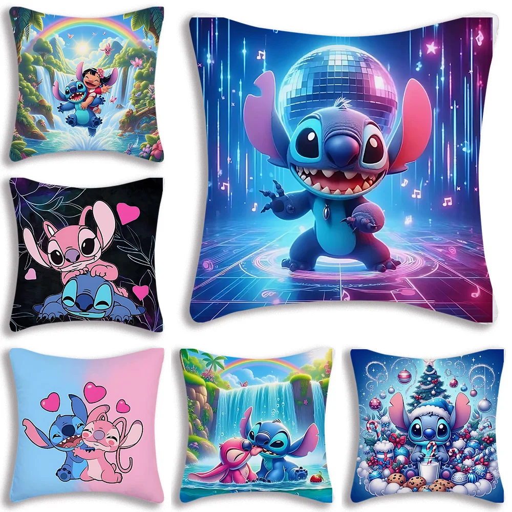 Housse de coussin mignonne en peluche courte à impression double face, motif couple anime Stitch, pour canapé et décoration intérieure