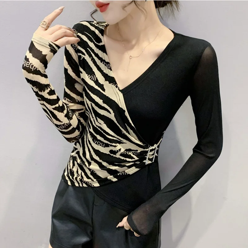 Sexy V-Ne Cross Long Sve T-Shirt Damen Me Top Faionable Leopardenmuster Base IRT Sli Slim Fit Herbst Winter