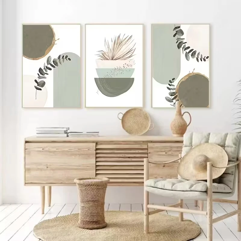 

3pcs Green Sage Plant Poster Abstract Geometric Watercolor Leaf Canvas Painting Living Room Wall Art Pictures Home Decoration