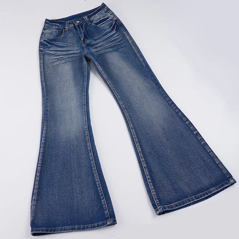Jean en denim délavé rétro vintage pour femmes, pantalon évasé taille basse, coupe slim, amincissant, épicé, pour filles