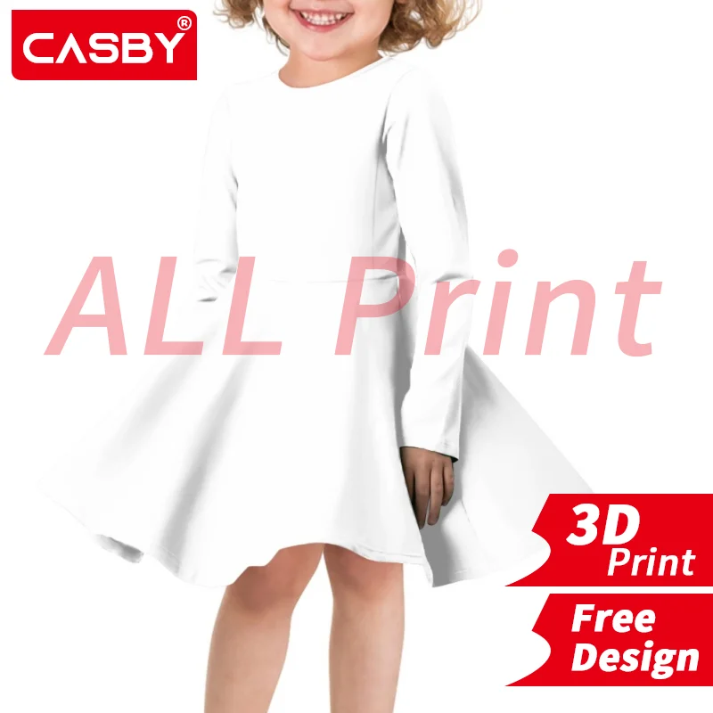 Long Sleeve Autumn Spring Princess Girls Dresses Children's Costume Dress 3D Print Custom Logo All Print Design DIY Free Design