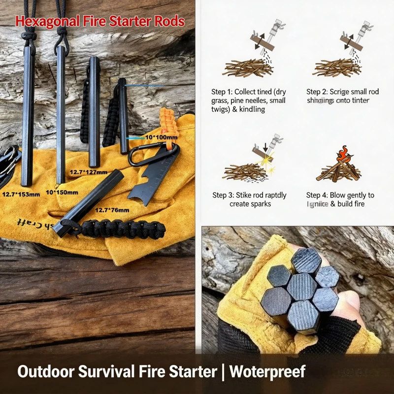 4-in-1 Bear Grylls Survival Fire Starter Kit, Magnesium Flint Rod with Compass Whistle, Portable Emergency Firesteel for Camping