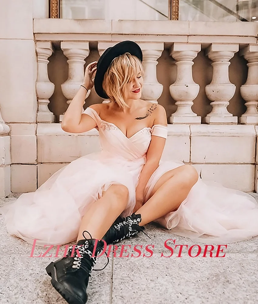 Customized Sexy Organza A-Line Off the Shoulder Crystal Sequined Evening Dress Fashion Sweetheart Short Sleeves Party Gowns