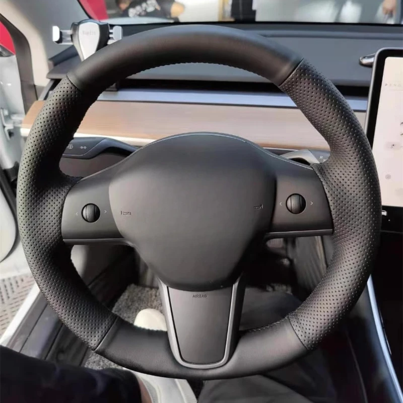 

100% подходит для Tesla Model Y/3 2017-2020, сшитый вручную черный, белый цвет, чехол на руль автомобиля из натуральной кожи