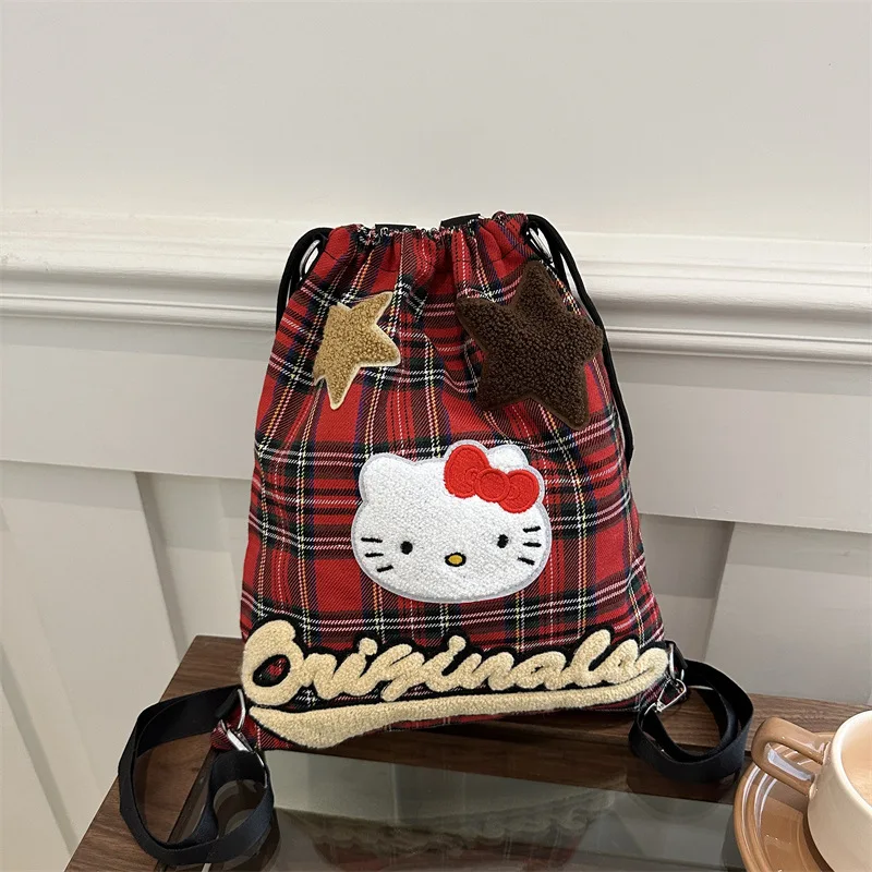 

Hello Kitty Red Plaid Backpack Cute Vintage School Style Commuter Bag for Women
