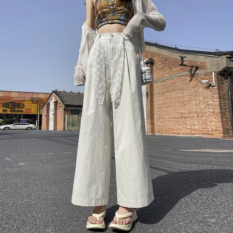 

Кружевной костюм из стираного хлопка на шнуровке, широкие брюки для женщин летом 2025, свободные повседневные прямые брюки с высокой талией и девятью точками