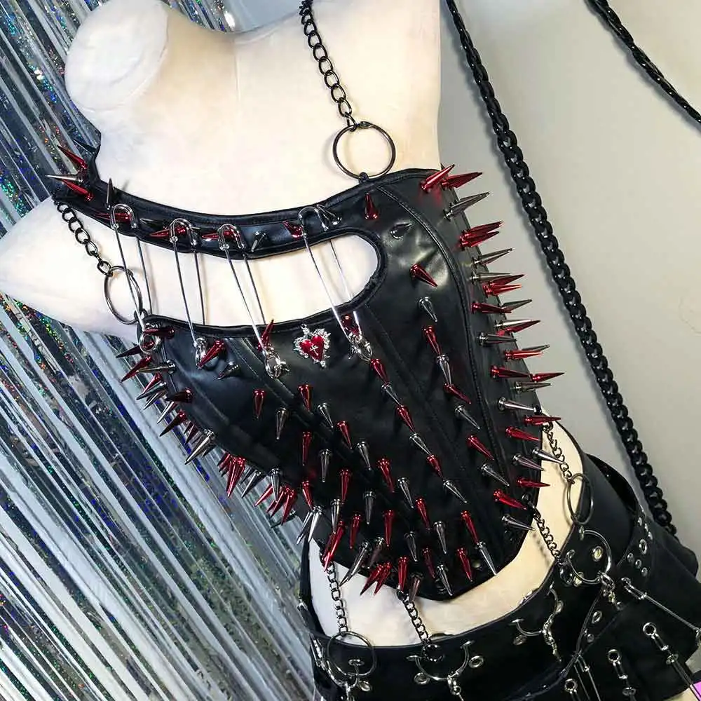 Y2K Gothic Emo Punk Top with Red Spikes Grunge PU Leather Goth Tank Spiked Clothing ALT Rave Festival Vkei Cybergoth for Women