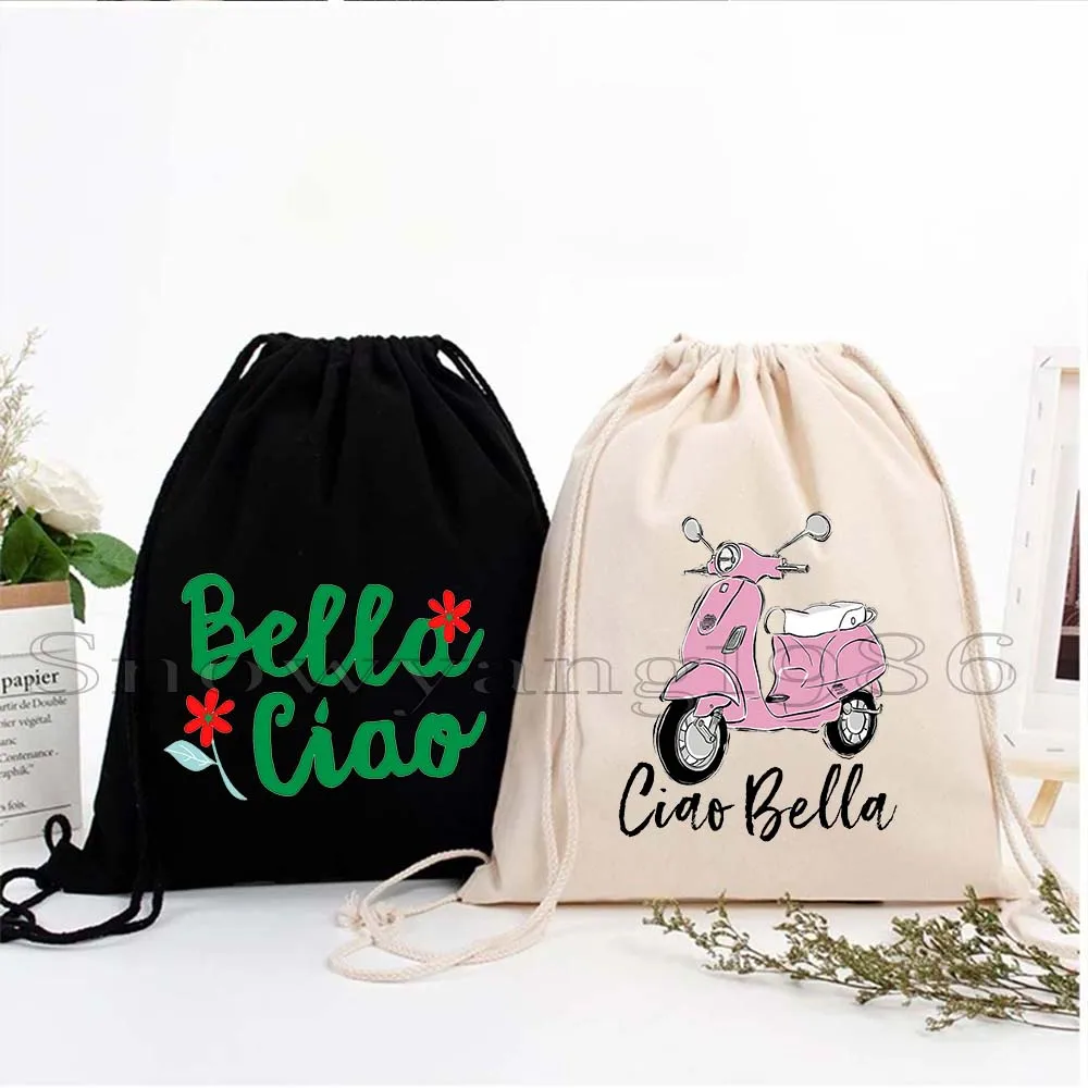 

Floral Ciao Bella Italian Girl Gifts Messy Bun Flag Italy Italia Pisa Rome Canvas Drawstring Bags Soccer Backpack Gym Sackpack