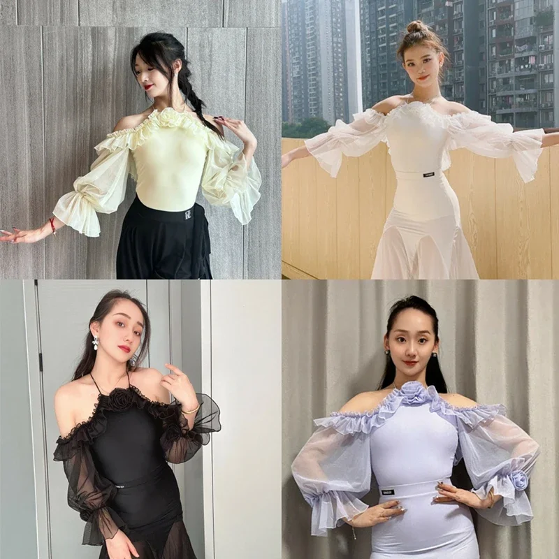 Ballroom Dance Clothes Women Off Shoulder Mesh Long Sleeves Tops Adult Fairy Bodysuit Latin Practice Performance Wear DNV18966