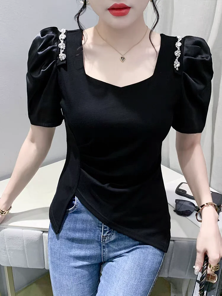 

Summer Cotton T Shirts Girl Square Collar Beading Short Puff Sleeve Folds Split Tee Tshirt Women Slim Fashion Tops