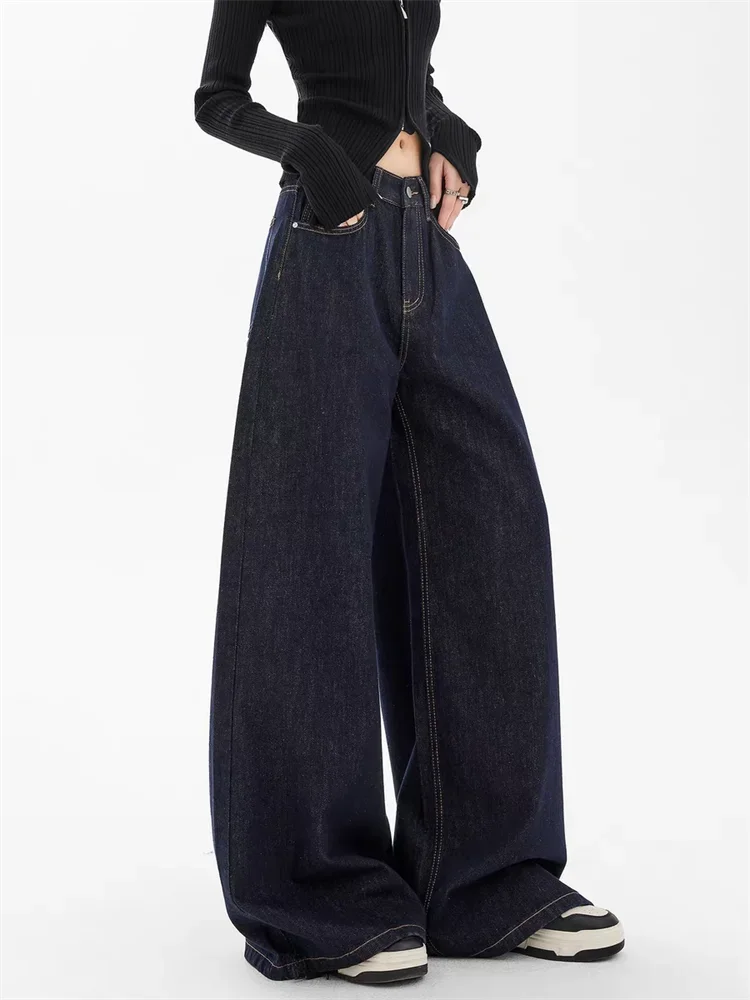 Women's Solid Color Baggy Casual Denim Trousers Cool Girl High Waisted Pants Female Straight Loose Wide Leg Deep Blue Jeans