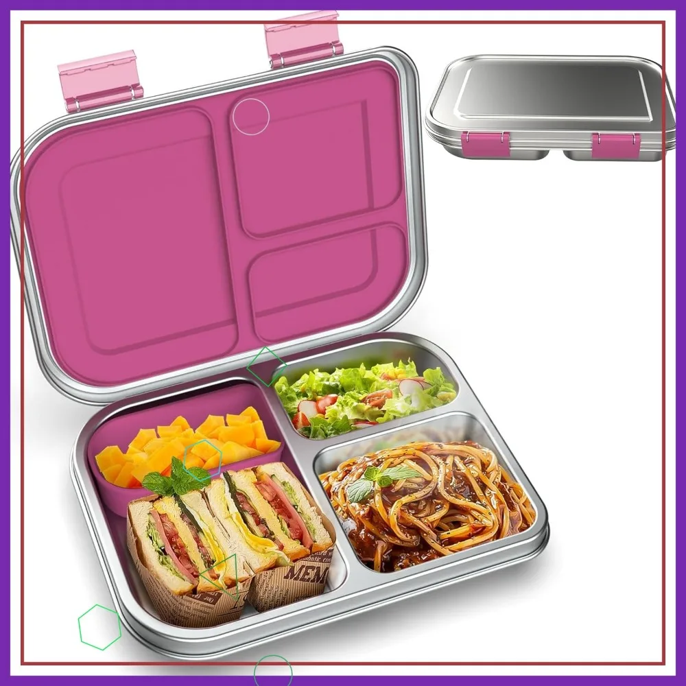 

Детский ланч-бокс Bento из нержавеющей стали, 3 отделения с силиконовым контейнером, герметичный, можно мыть в посудомоечной машине для школы и путешествий