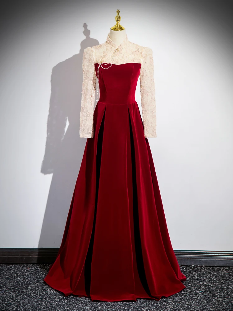 

Вечернее платье невесты из бархата с длинными рукавами и поясом, класса люкс, винтажное, в пол, для торжественных мероприятий