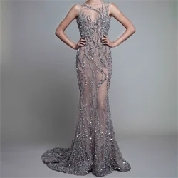 Elegant Sequine Sparkly Crystal Prom Dress Split Beading Illusion Party Evening Backless Spaghetti Strap Dresses for Women