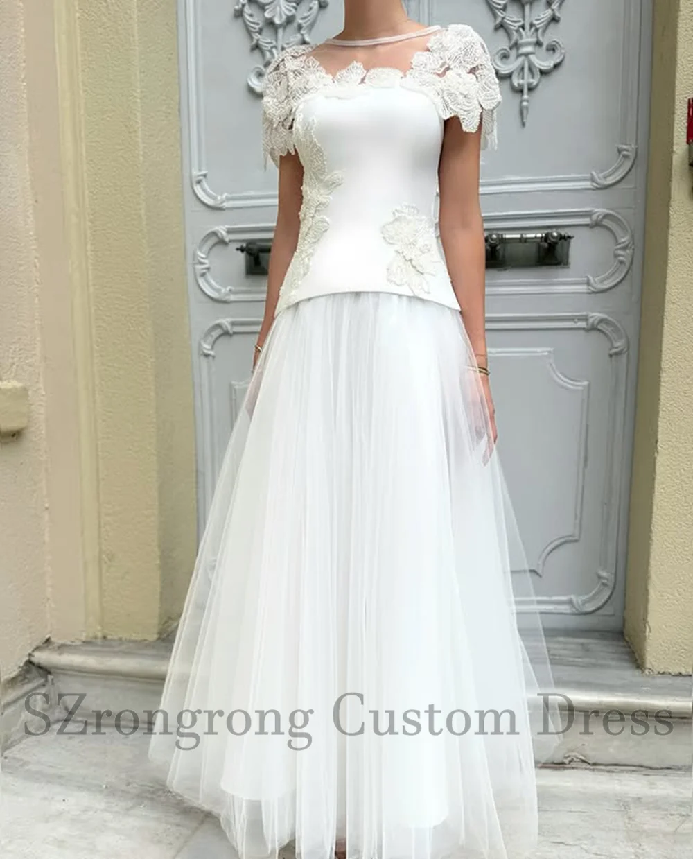 

Custom Made Elegant Boat Colalr Lace A-line Formal Evening Party Gown Jersey Backless Tulle Maxi Length Bridal Prom Dress