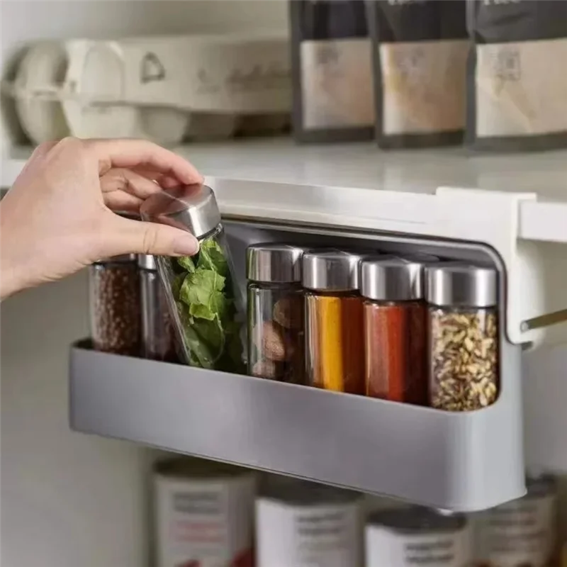 ABZV-Material Combination Set Wall Mounted Spice Rack Non-Perforated Adjustable Seasoning Boxes For Barbecue Storage Case