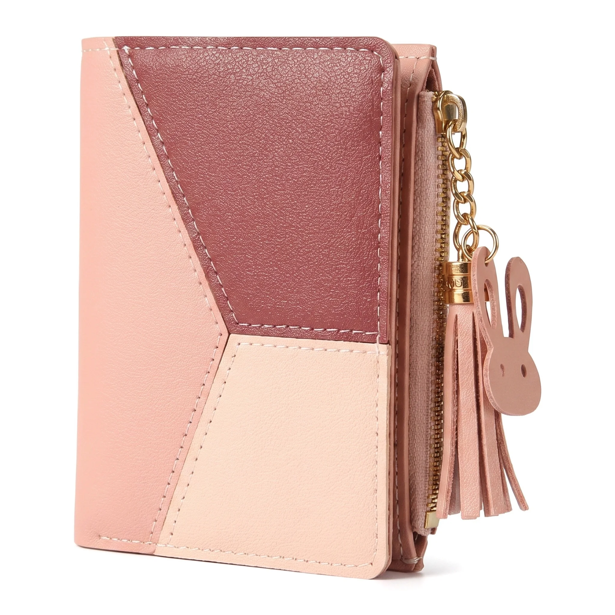 Pomelo Best Mini Color Block Wallet Women PU Leather Rabbit Tassel Zipper Card Purse